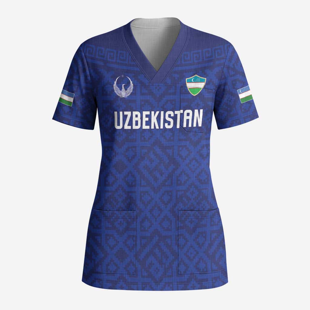 Custom World Football 2026 Uzbekistan Scrub Top Samarkand Blue Heritage Pattern - Wonder Print Shop