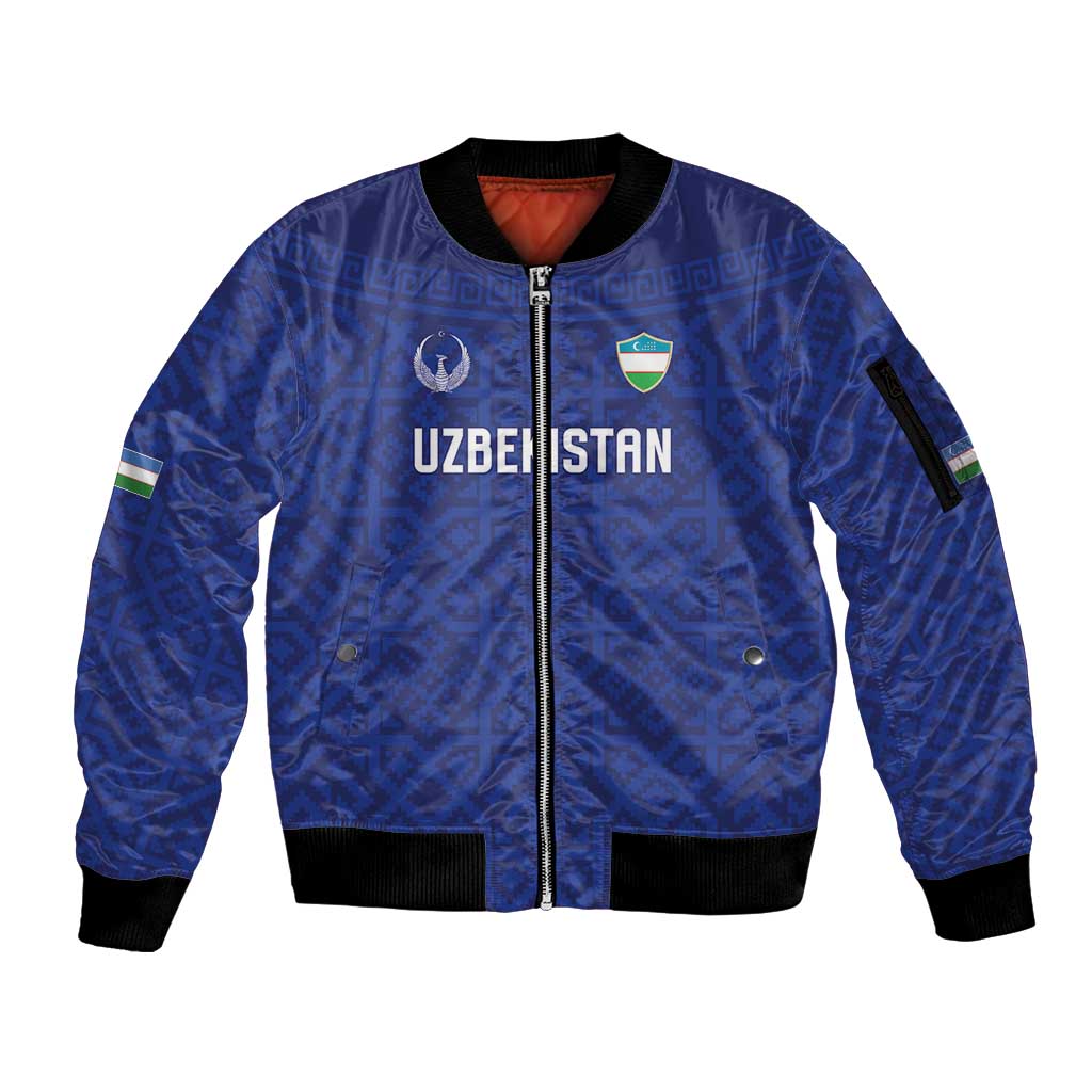 Custom World Football 2026 Uzbekistan Sleeve Zip Bomber Jacket Samarkand Blue Heritage Pattern - Wonder Print Shop
