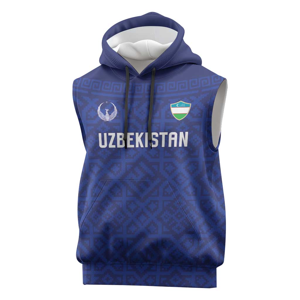 Custom World Football 2026 Uzbekistan Sleeveless Hoodie Samarkand Blue Heritage Pattern - Wonder Print Shop
