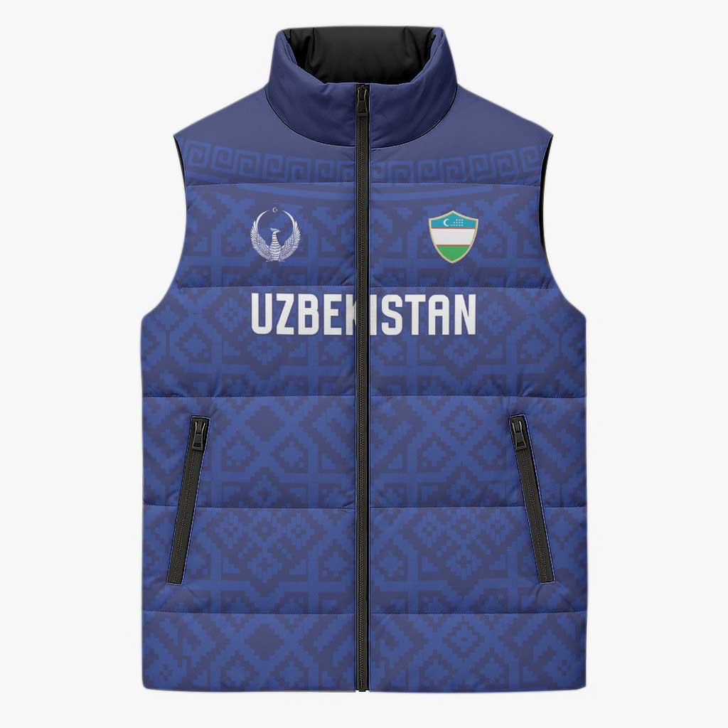 Custom World Football 2026 Uzbekistan Sleeveless Puffer Jacket Samarkand Blue Heritage Pattern - Wonder Print Shop