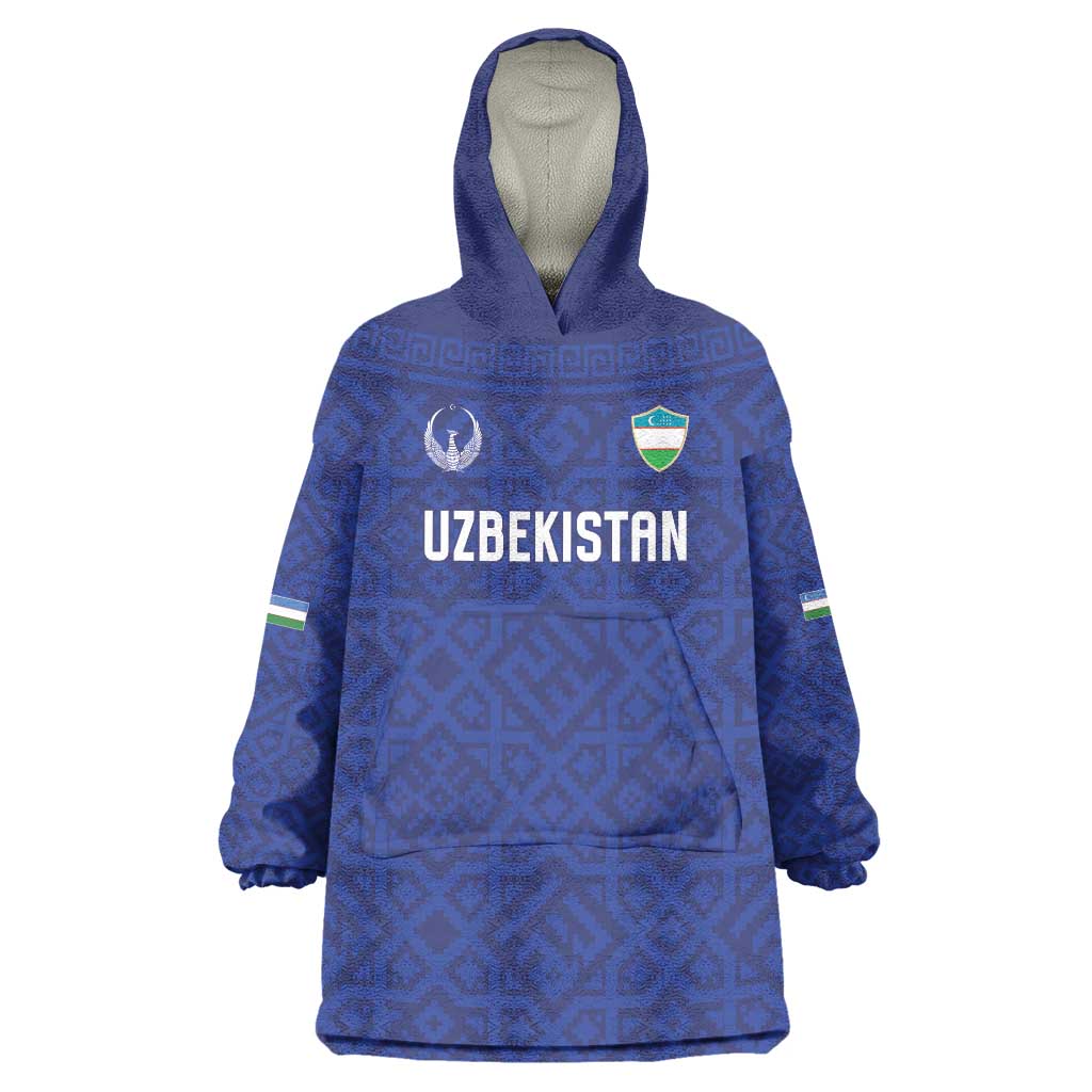 Custom World Football 2026 Uzbekistan Wearable Blanket Hoodie Samarkand Blue Heritage Pattern - Wonder Print Shop