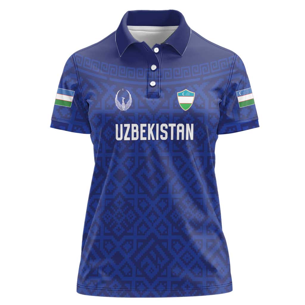 Custom World Football 2026 Uzbekistan Women Polo Shirt Samarkand Blue Heritage Pattern - Wonder Print Shop