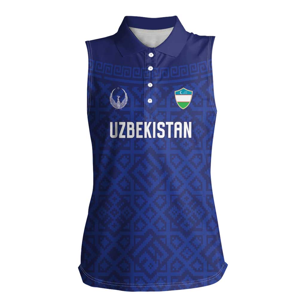 Custom World Football 2026 Uzbekistan Women Sleeveless Polo Shirt Samarkand Blue Heritage Pattern - Wonder Print Shop