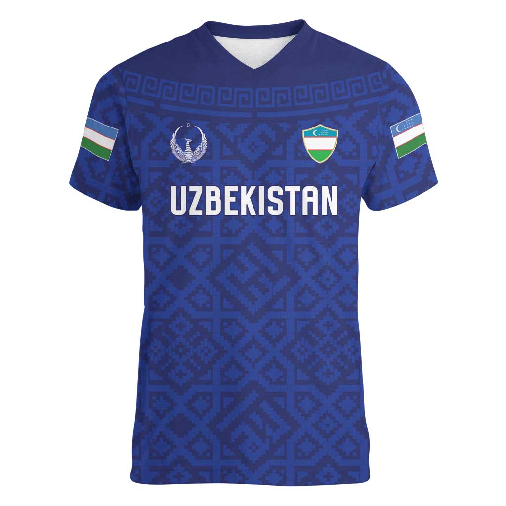 Custom World Football 2026 Uzbekistan Women V-Neck T-Shirt Samarkand Blue Heritage Pattern - Wonder Print Shop
