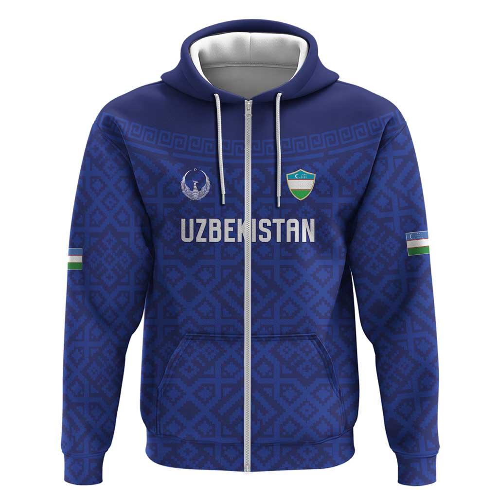 Custom World Football 2026 Uzbekistan Zip Hoodie Samarkand Blue Heritage Pattern - Wonder Print Shop