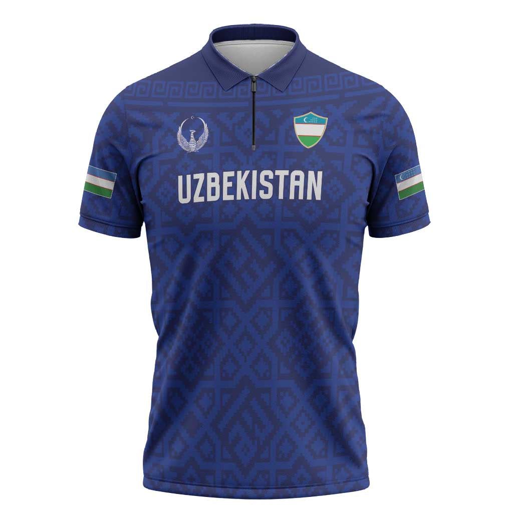 Custom World Football 2026 Uzbekistan Zipper Polo Shirt Samarkand Blue Heritage Pattern - Wonder Print Shop