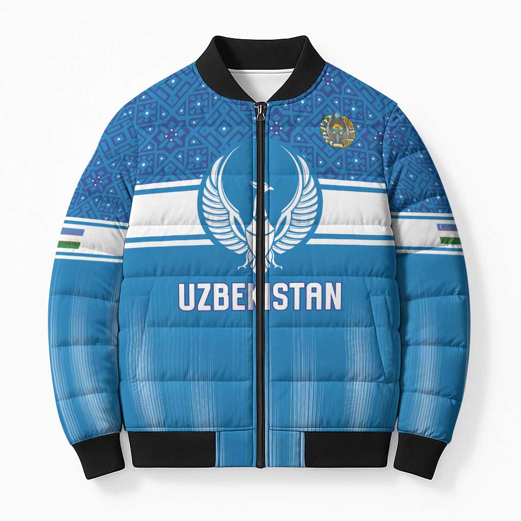 Custom World Football 2026 Uzbekistan Bomber Puffer Jacket Uzbek Ikat Pattern with Humo Bird - Wonder Print Shop