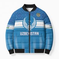 Custom World Football 2026 Uzbekistan Bomber Puffer Jacket Uzbek Ikat Pattern with Humo Bird - Wonder Print Shop