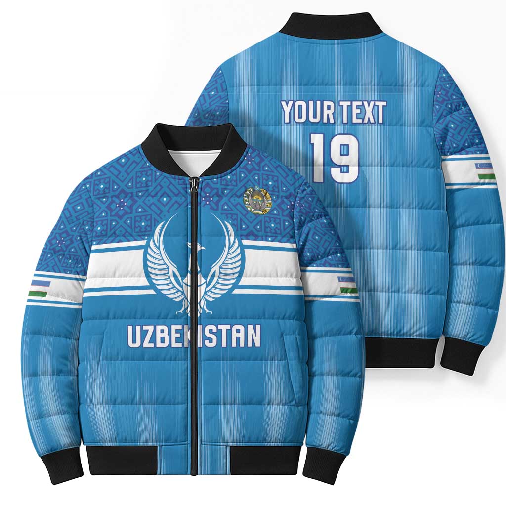 Custom World Football 2026 Uzbekistan Bomber Puffer Jacket Uzbek Ikat Pattern with Humo Bird - Wonder Print Shop