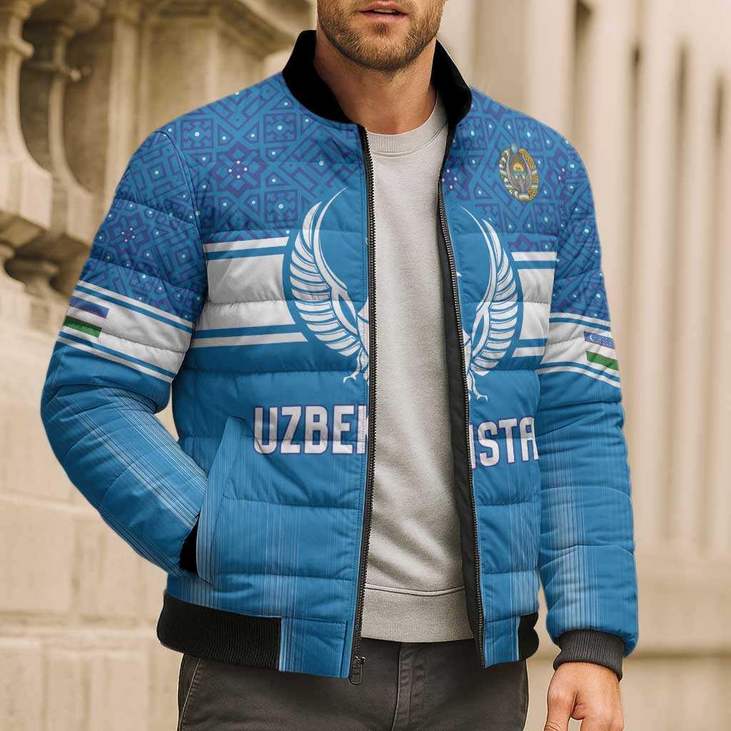 Custom World Football 2026 Uzbekistan Bomber Puffer Jacket Uzbek Ikat Pattern with Humo Bird - Wonder Print Shop
