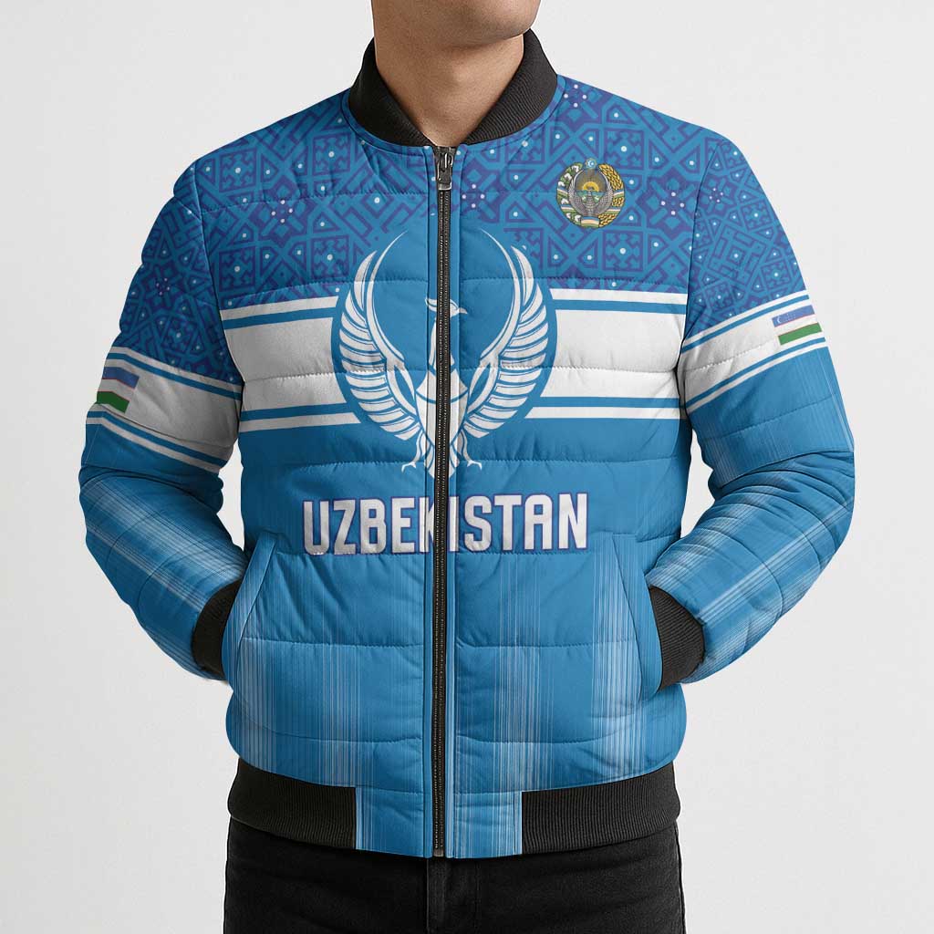 Custom World Football 2026 Uzbekistan Bomber Puffer Jacket Uzbek Ikat Pattern with Humo Bird - Wonder Print Shop