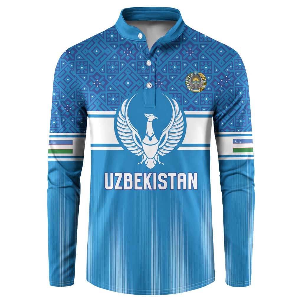 Custom World Football 2026 Uzbekistan Button Sweatshirt Uzbek Ikat Pattern with Humo Bird - Wonder Print Shop