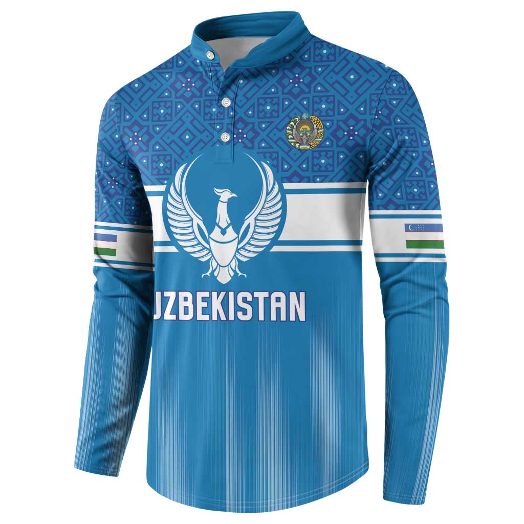 Custom World Football 2026 Uzbekistan Button Sweatshirt Uzbek Ikat Pattern with Humo Bird - Wonder Print Shop