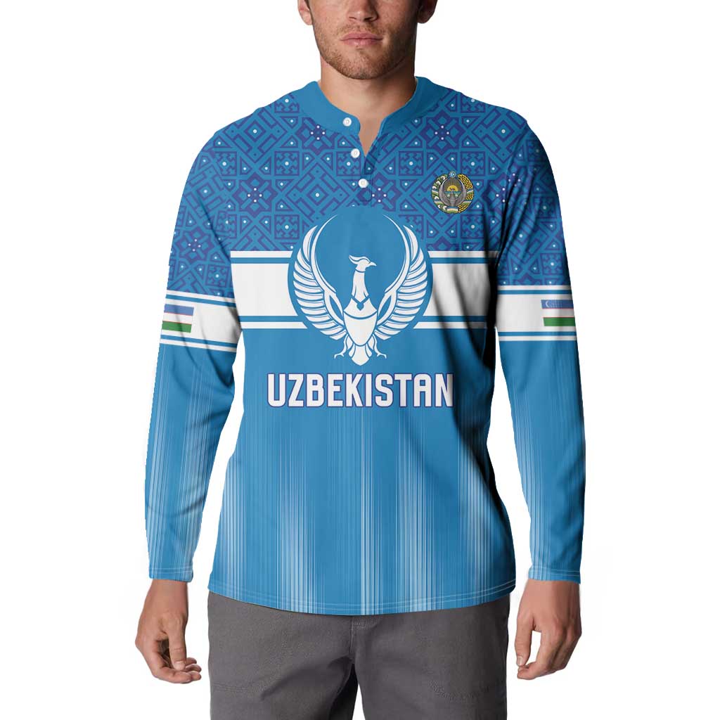 Custom World Football 2026 Uzbekistan Button Sweatshirt Uzbek Ikat Pattern with Humo Bird - Wonder Print Shop