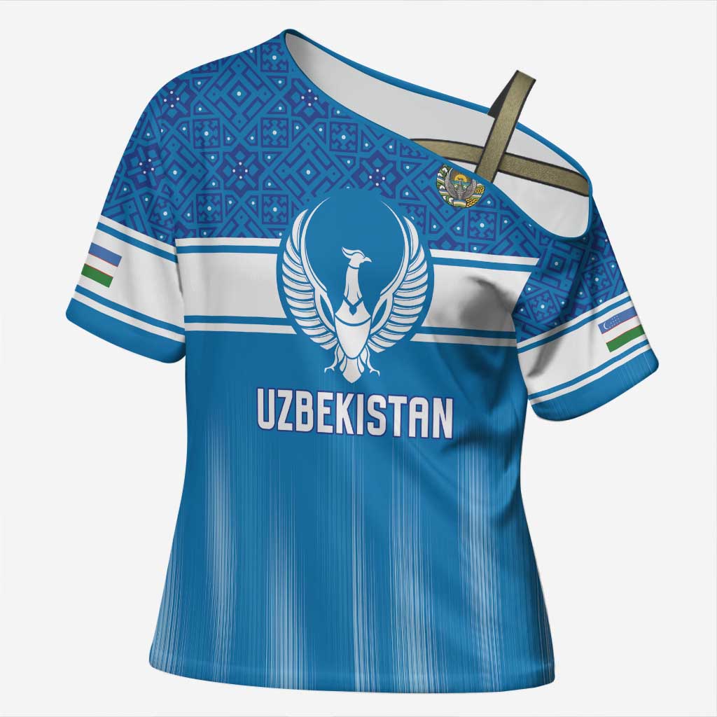 Custom World Football 2026 Uzbekistan Cross Shoulder Shirt Uzbek Ikat Pattern with Humo Bird - undefined