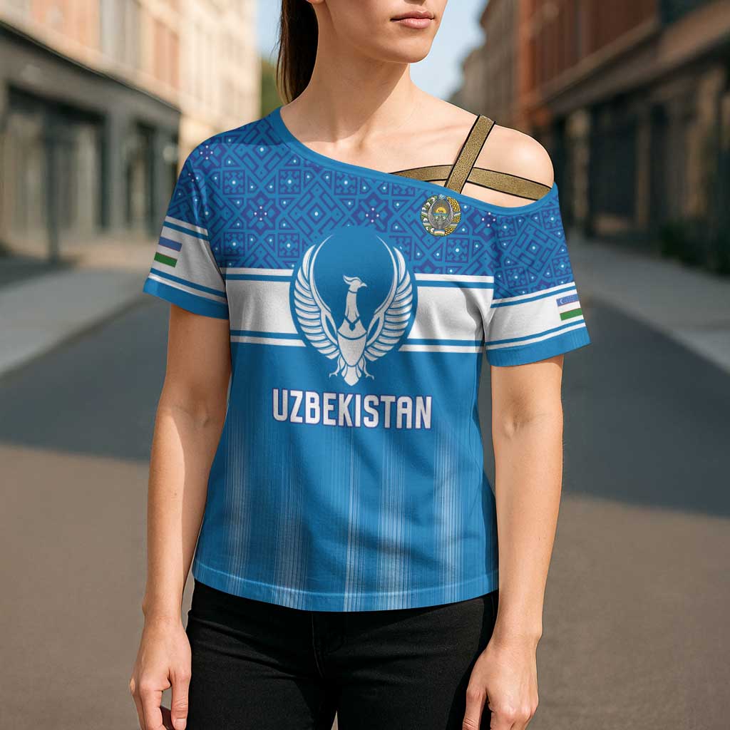 Custom World Football 2026 Uzbekistan Cross Shoulder Shirt Uzbek Ikat Pattern with Humo Bird - undefined