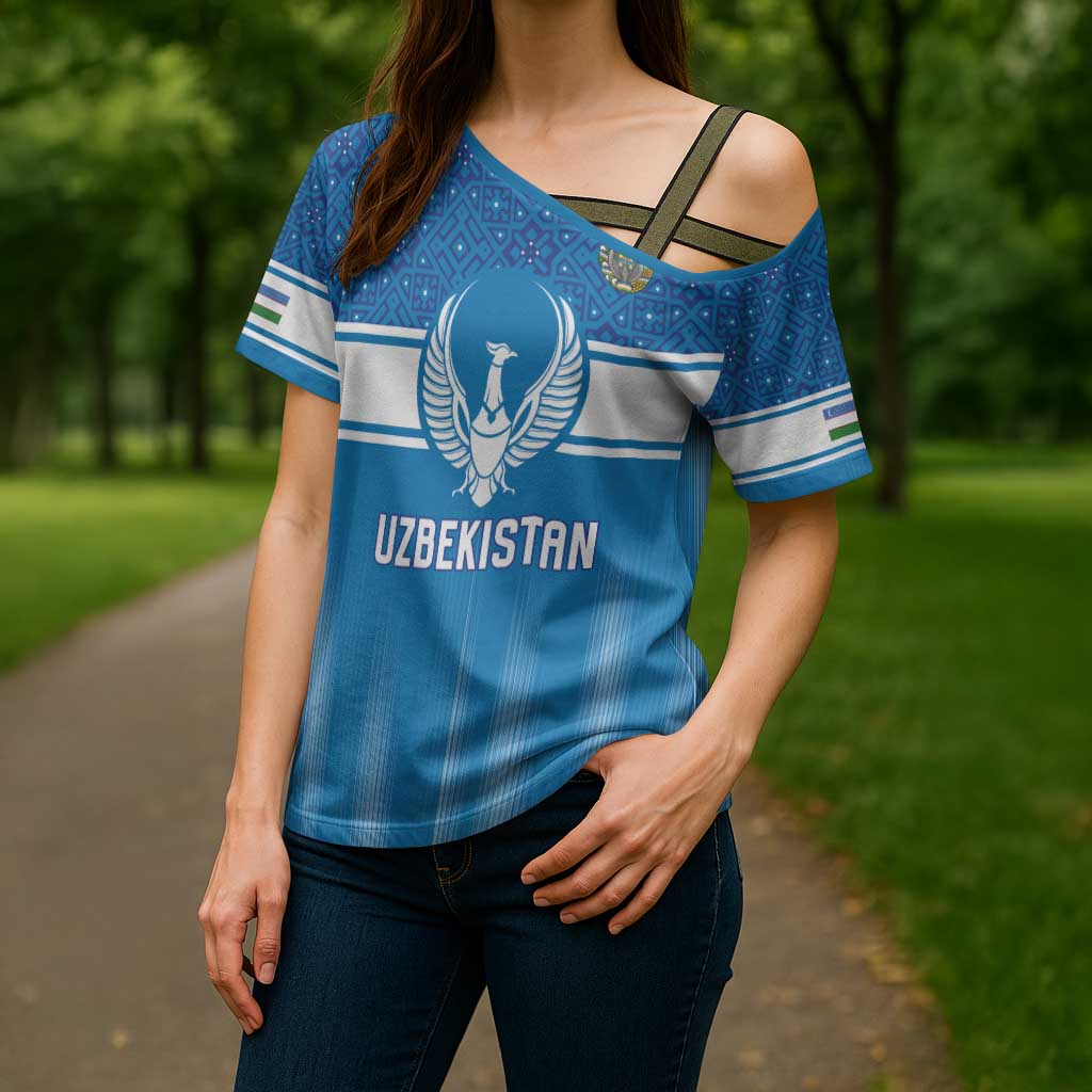 Custom World Football 2026 Uzbekistan Cross Shoulder Shirt Uzbek Ikat Pattern with Humo Bird - undefined