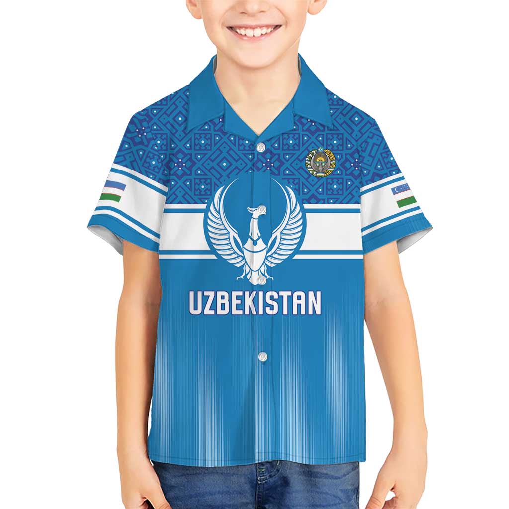 Custom World Football 2026 Uzbekistan Kid Hawaiian Shirt Uzbek Ikat Pattern with Humo Bird - Wonder Print Shop