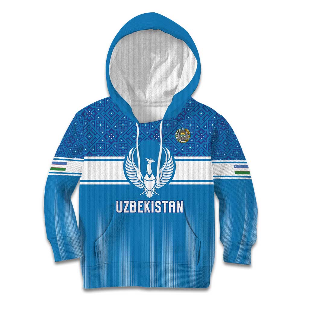 Custom World Football 2026 Uzbekistan Kid Hoodie Uzbek Ikat Pattern with Humo Bird - Wonder Print Shop