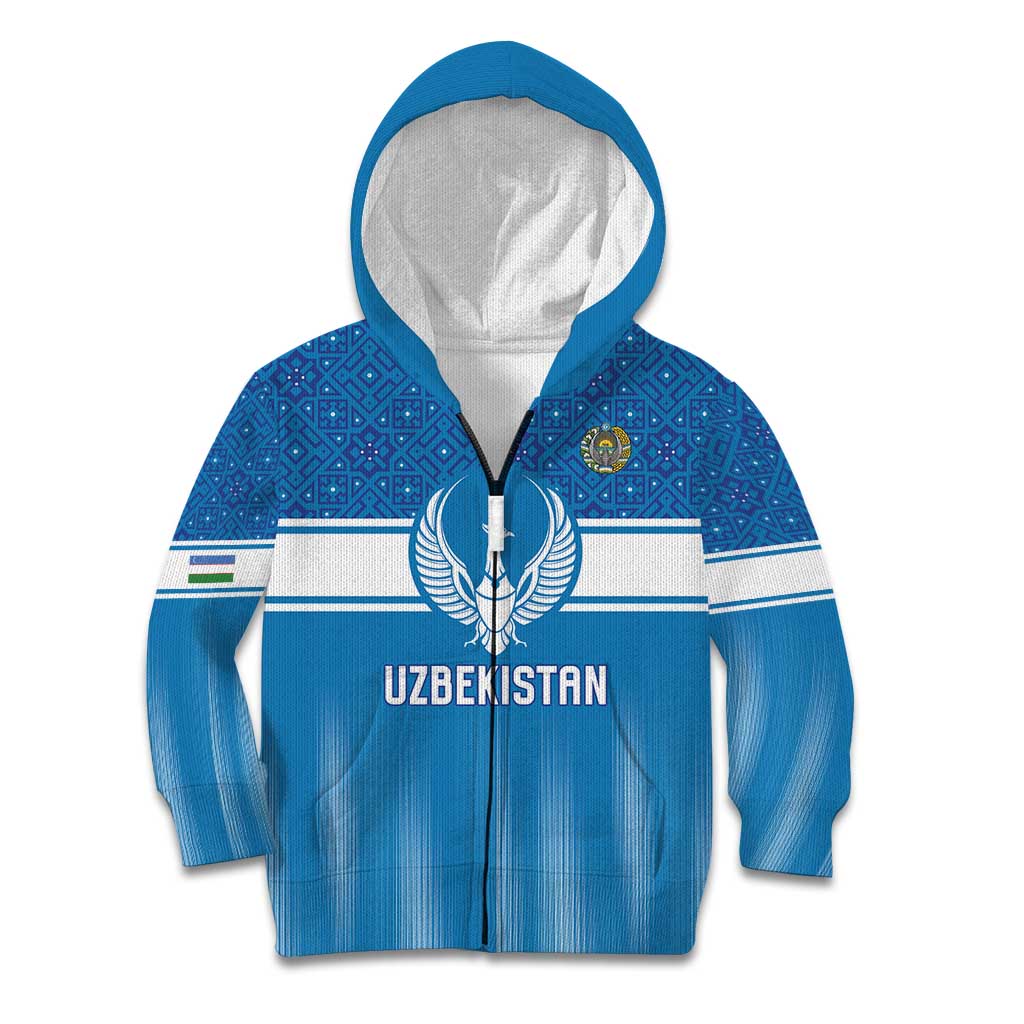 Custom World Football 2026 Uzbekistan Kid Hoodie Uzbek Ikat Pattern with Humo Bird - Wonder Print Shop