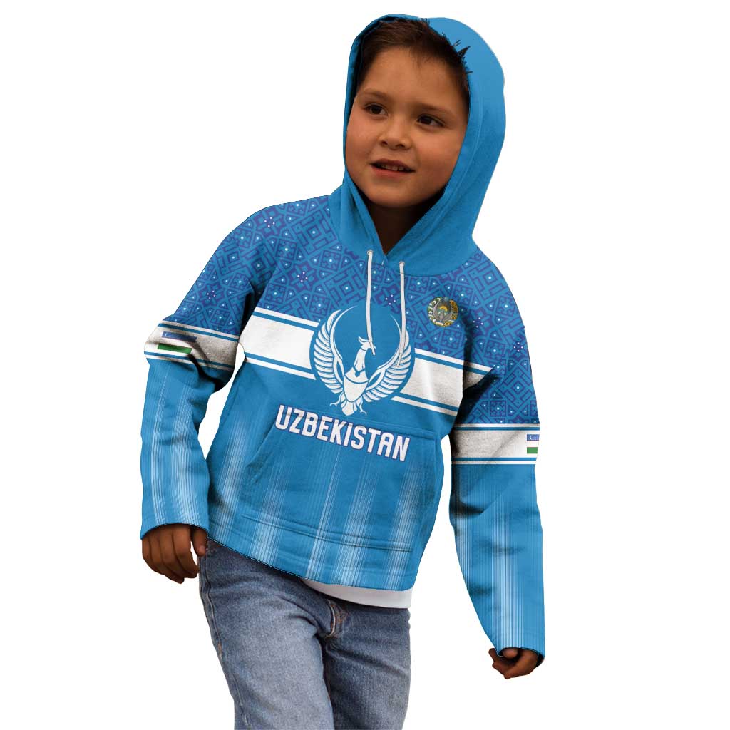Custom World Football 2026 Uzbekistan Kid Hoodie Uzbek Ikat Pattern with Humo Bird - Wonder Print Shop
