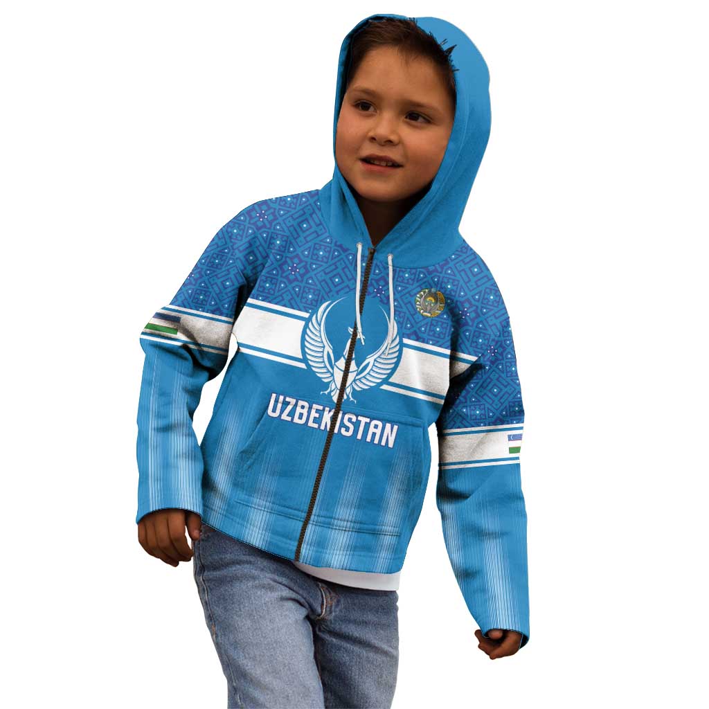 Custom World Football 2026 Uzbekistan Kid Hoodie Uzbek Ikat Pattern with Humo Bird - Wonder Print Shop