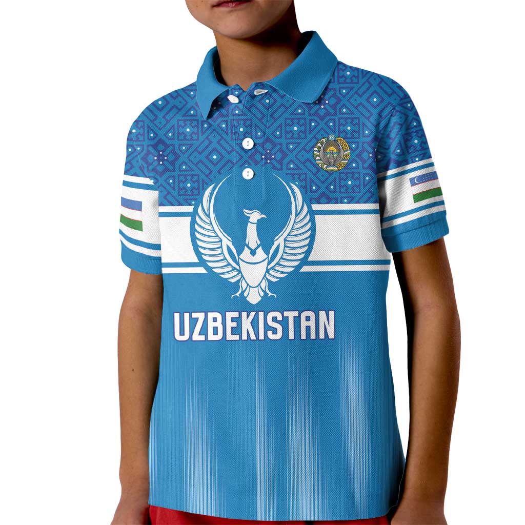 Custom World Football 2026 Uzbekistan Kid Polo Shirt Uzbek Ikat Pattern with Humo Bird - Wonder Print Shop
