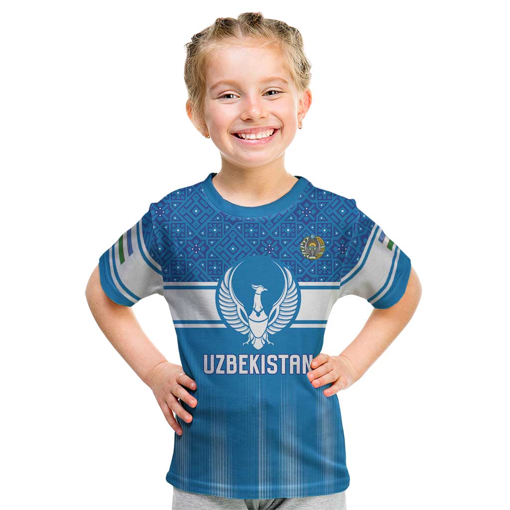 Custom World Football 2026 Uzbekistan Kid T Shirt Uzbek Ikat Pattern with Humo Bird - Wonder Print Shop