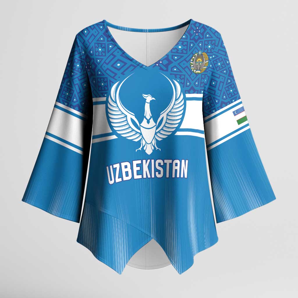 Custom World Football 2026 Uzbekistan Kimono Sleeve Blouse Uzbek Ikat Pattern with Humo Bird - Wonder Print Shop