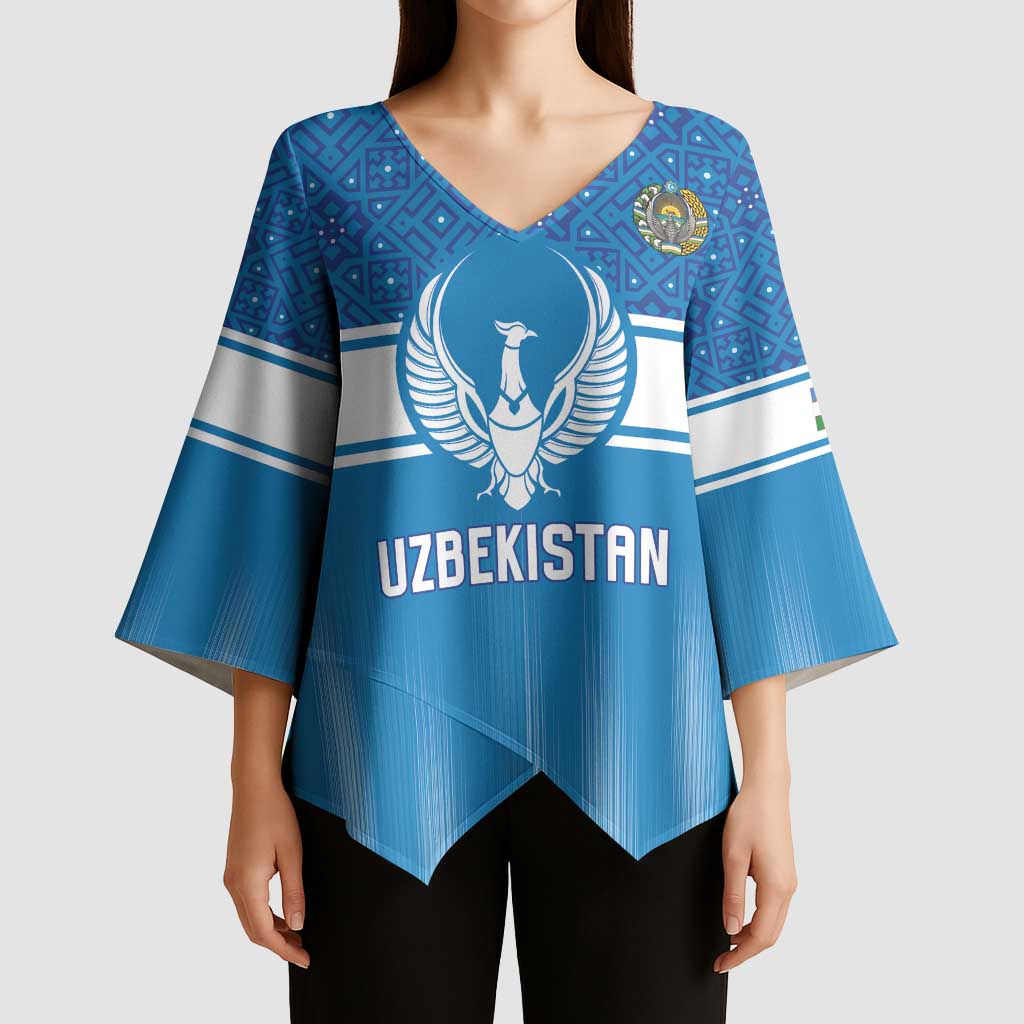 Custom World Football 2026 Uzbekistan Kimono Sleeve Blouse Uzbek Ikat Pattern with Humo Bird - Wonder Print Shop