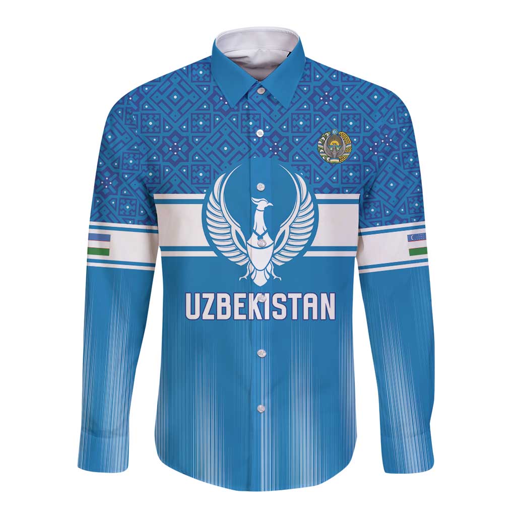 Custom World Football 2026 Uzbekistan Long Sleeve Button Shirt Uzbek Ikat Pattern with Humo Bird - Wonder Print Shop