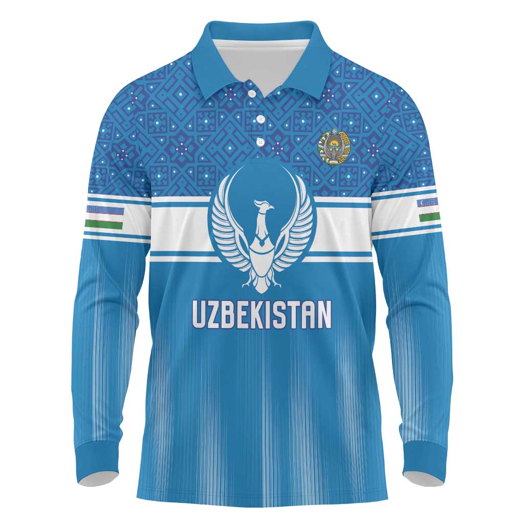 Custom World Football 2026 Uzbekistan Long Sleeve Polo Shirt Uzbek Ikat Pattern with Humo Bird - Wonder Print Shop