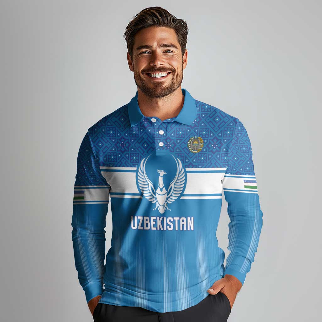 Custom World Football 2026 Uzbekistan Long Sleeve Polo Shirt Uzbek Ikat Pattern with Humo Bird - Wonder Print Shop