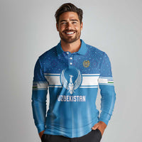 Custom World Football 2026 Uzbekistan Long Sleeve Polo Shirt Uzbek Ikat Pattern with Humo Bird - Wonder Print Shop