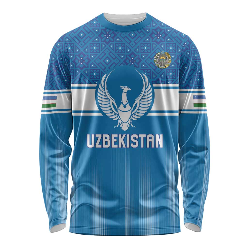 Custom World Football 2026 Uzbekistan Long Sleeve Shirt Uzbek Ikat Pattern with Humo Bird - Wonder Print Shop