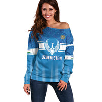 Custom World Football 2026 Uzbekistan Off Shoulder Sweater Uzbek Ikat Pattern with Humo Bird - Wonder Print Shop