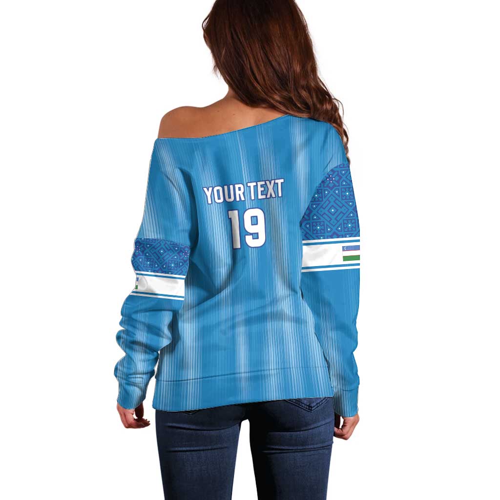 Custom World Football 2026 Uzbekistan Off Shoulder Sweater Uzbek Ikat Pattern with Humo Bird - Wonder Print Shop