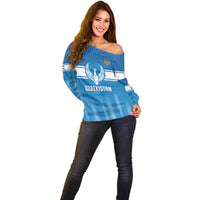 Custom World Football 2026 Uzbekistan Off Shoulder Sweater Uzbek Ikat Pattern with Humo Bird - Wonder Print Shop