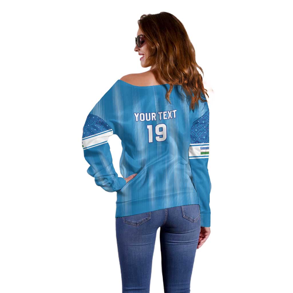 Custom World Football 2026 Uzbekistan Off Shoulder Sweater Uzbek Ikat Pattern with Humo Bird - Wonder Print Shop