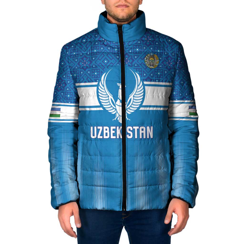 Custom World Football 2026 Uzbekistan Padded Jacket Uzbek Ikat Pattern with Humo Bird - Wonder Print Shop