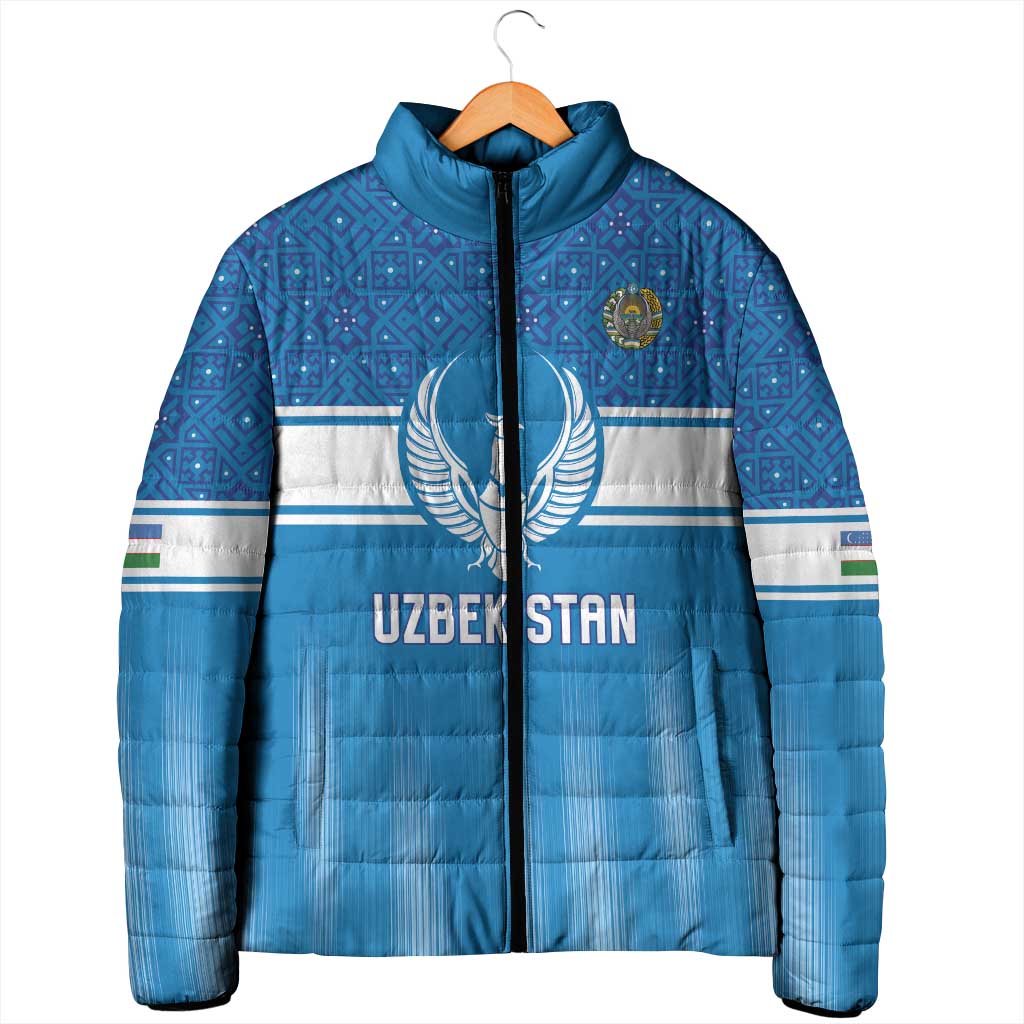 Custom World Football 2026 Uzbekistan Padded Jacket Uzbek Ikat Pattern with Humo Bird - Wonder Print Shop
