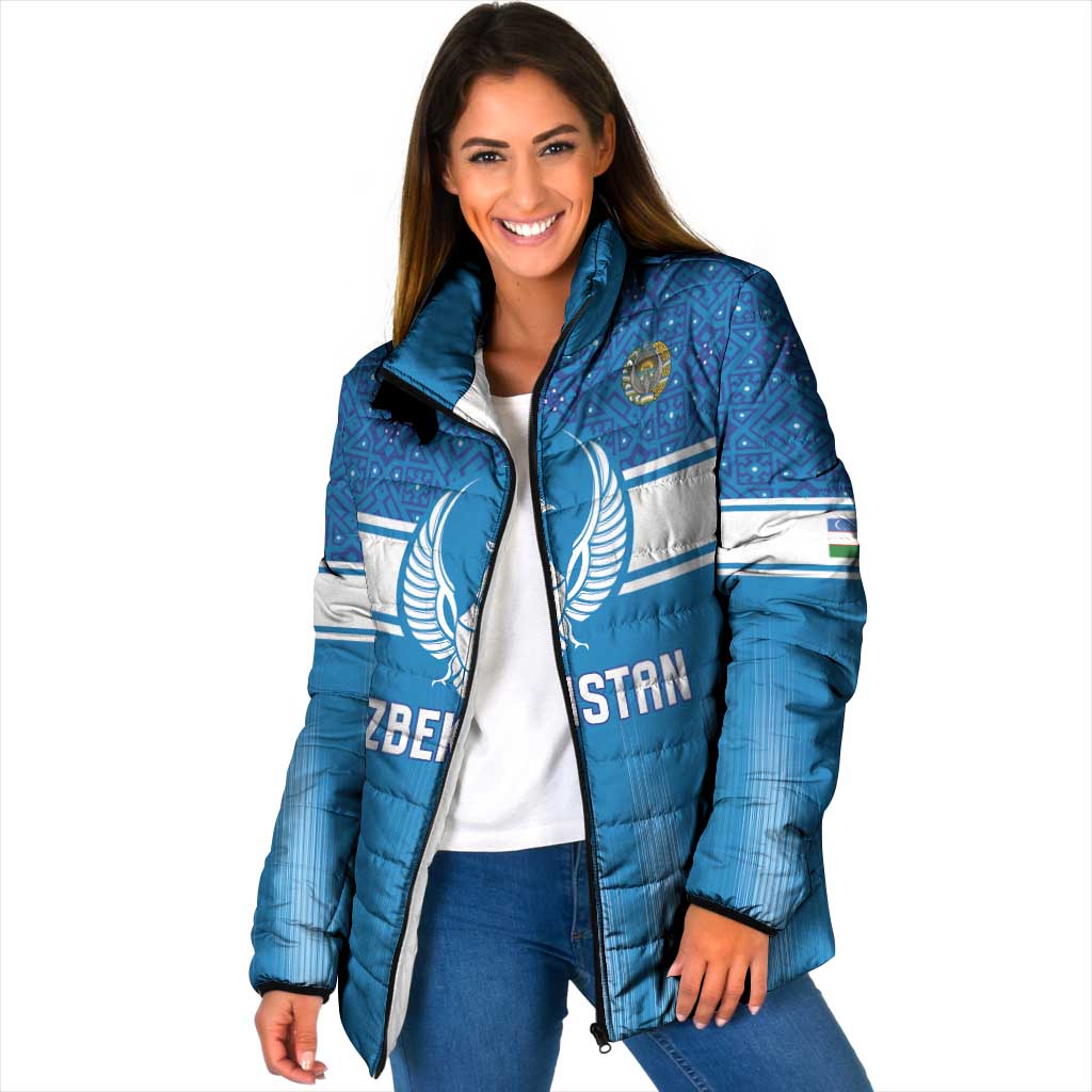 Custom World Football 2026 Uzbekistan Padded Jacket Uzbek Ikat Pattern with Humo Bird - Wonder Print Shop