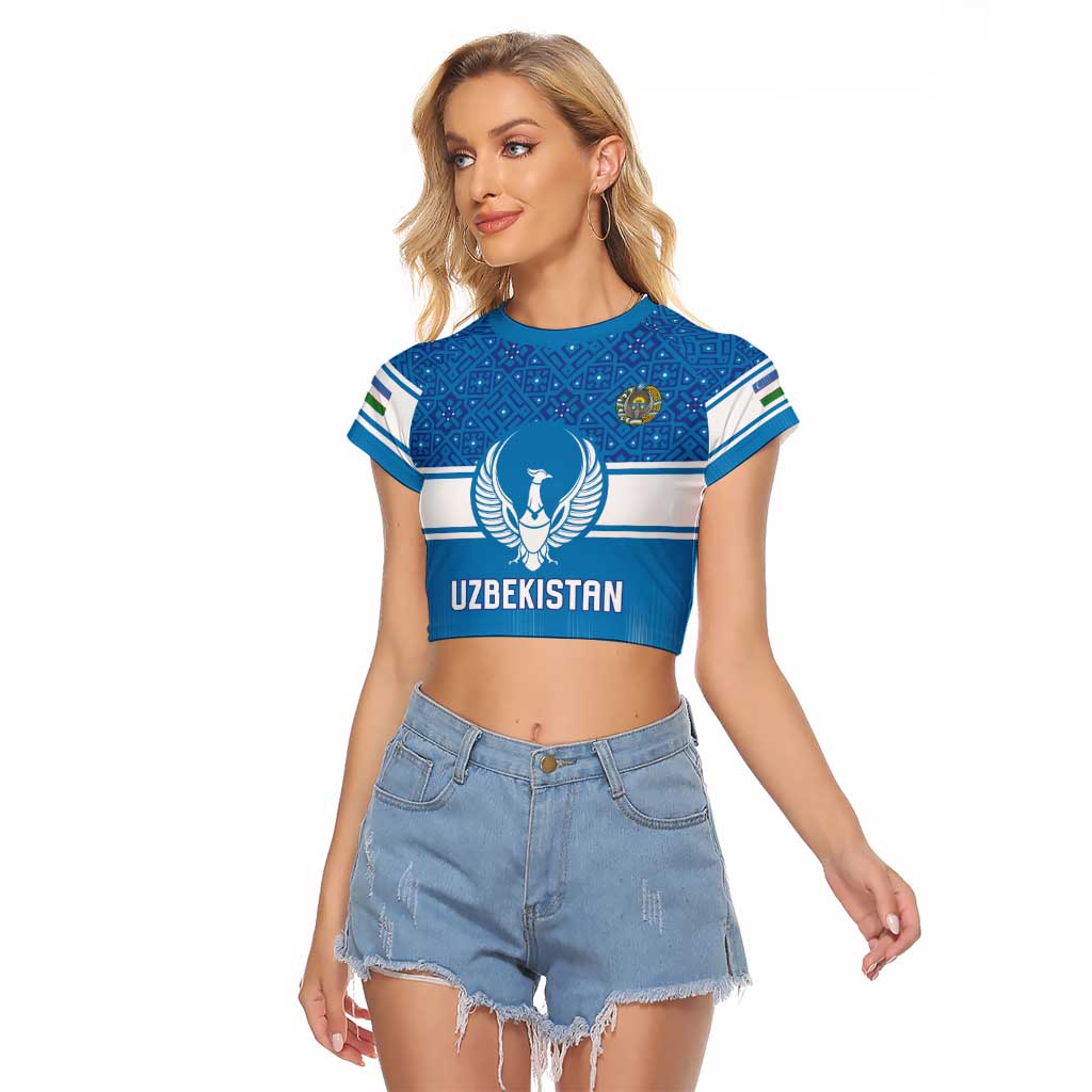 Custom World Football 2026 Uzbekistan Raglan Cropped T Shirt Uzbek Ikat Pattern with Humo Bird - Wonder Print Shop