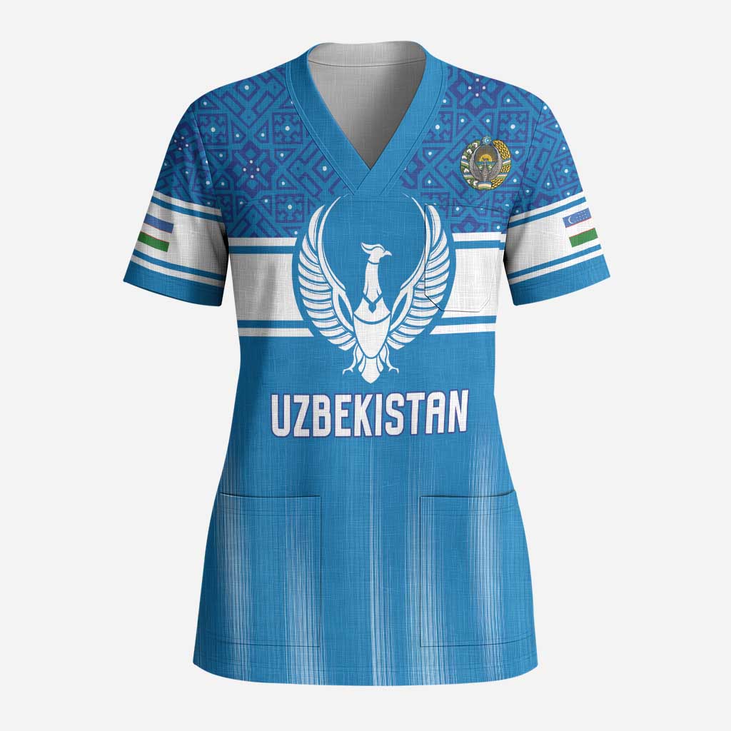 Custom World Football 2026 Uzbekistan Scrub Top Uzbek Ikat Pattern with Humo Bird - Wonder Print Shop