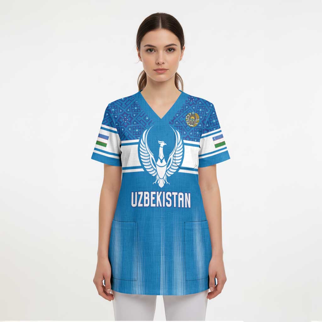 Custom World Football 2026 Uzbekistan Scrub Top Uzbek Ikat Pattern with Humo Bird - Wonder Print Shop