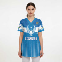 Custom World Football 2026 Uzbekistan Scrub Top Uzbek Ikat Pattern with Humo Bird - Wonder Print Shop