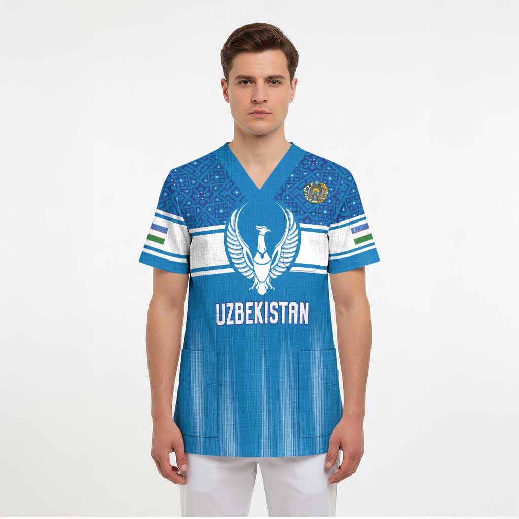 Custom World Football 2026 Uzbekistan Scrub Top Uzbek Ikat Pattern with Humo Bird - Wonder Print Shop