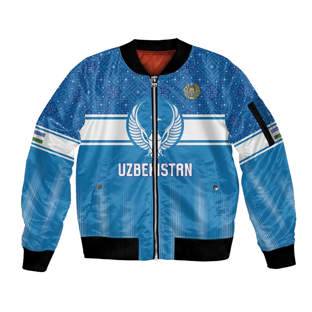 Custom World Football 2026 Uzbekistan Sleeve Zip Bomber Jacket Uzbek Ikat Pattern with Humo Bird - Wonder Print Shop