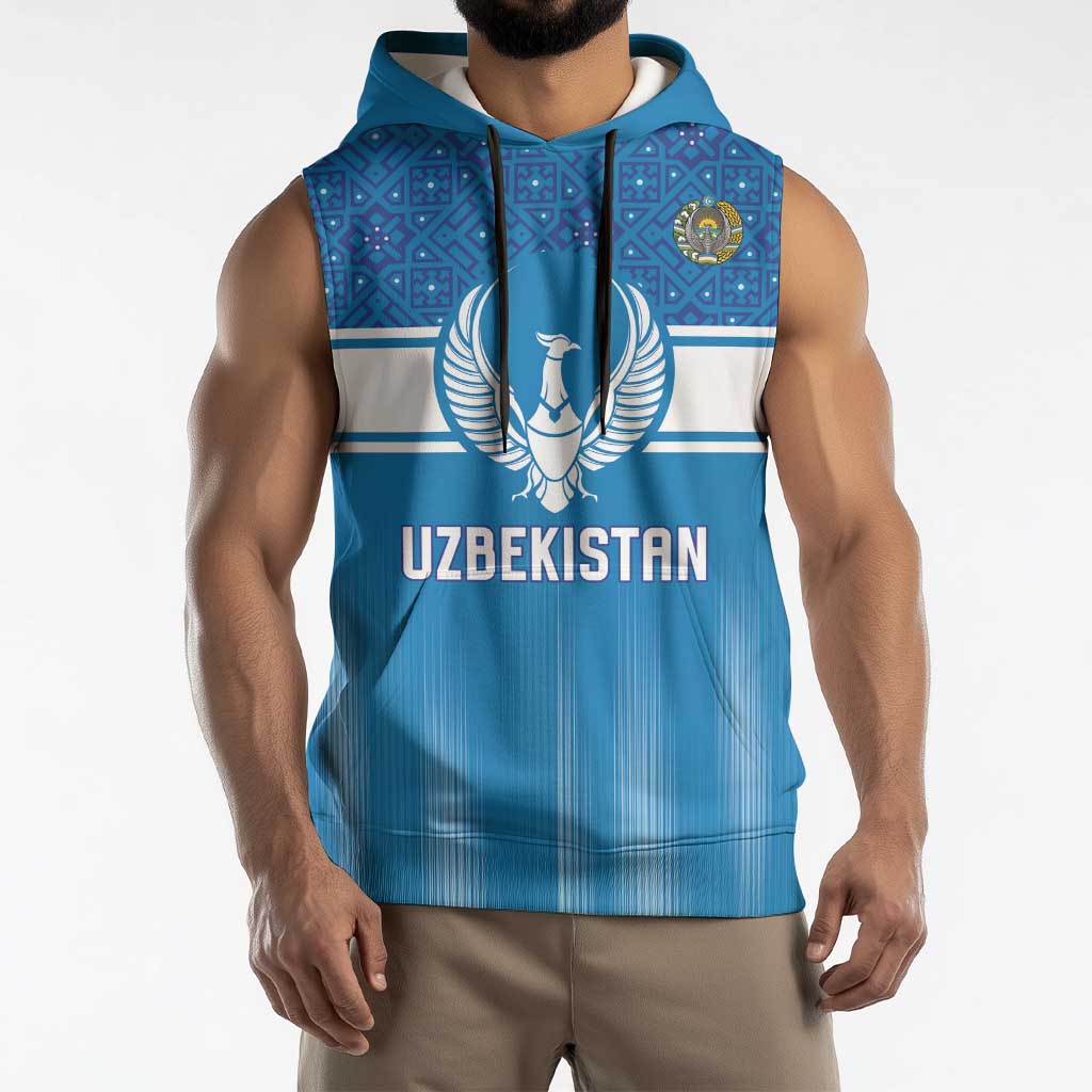 Custom World Football 2026 Uzbekistan Sleeveless Hoodie Uzbek Ikat Pattern with Humo Bird - Wonder Print Shop