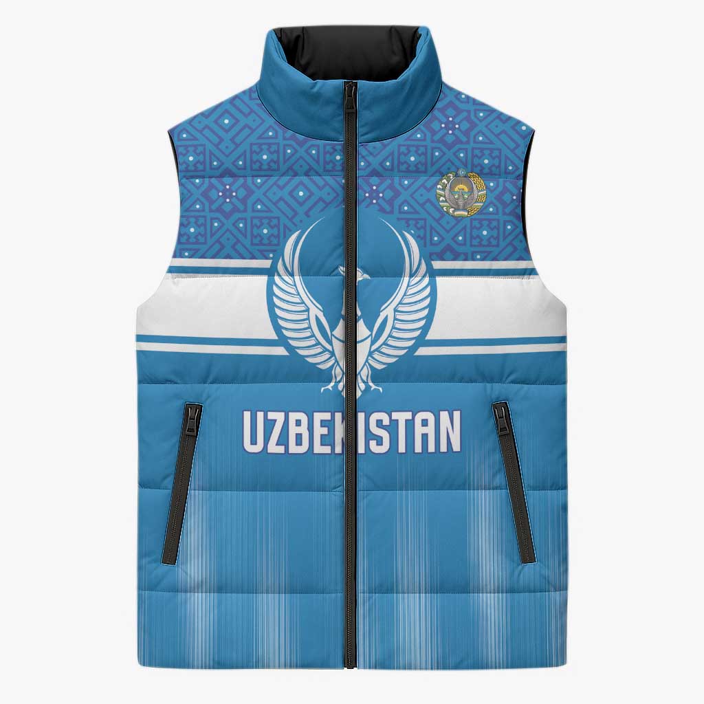 Custom World Football 2026 Uzbekistan Sleeveless Puffer Jacket Uzbek Ikat Pattern with Humo Bird - Wonder Print Shop